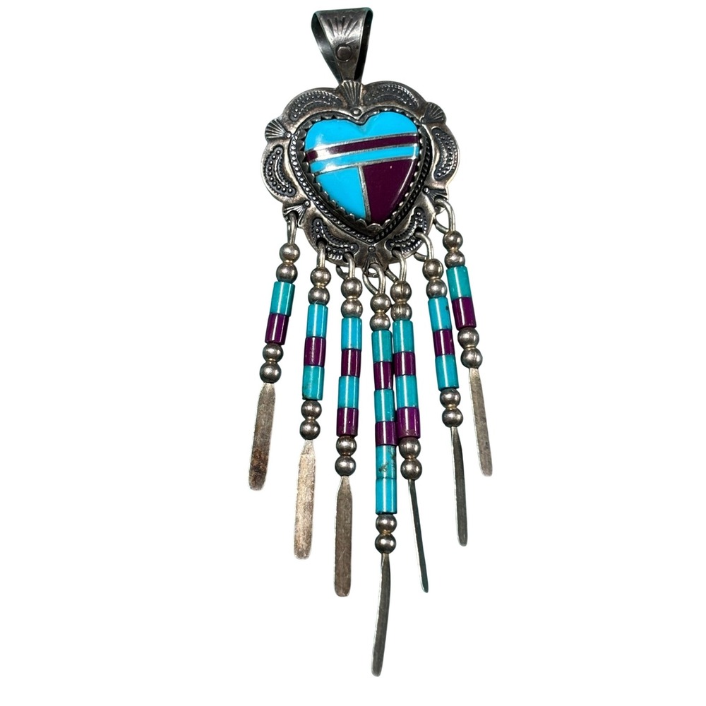 Vintage Q.T. Quoc Turquoise Sterling Silver Inlay Heart Fringe Dangle Pendant